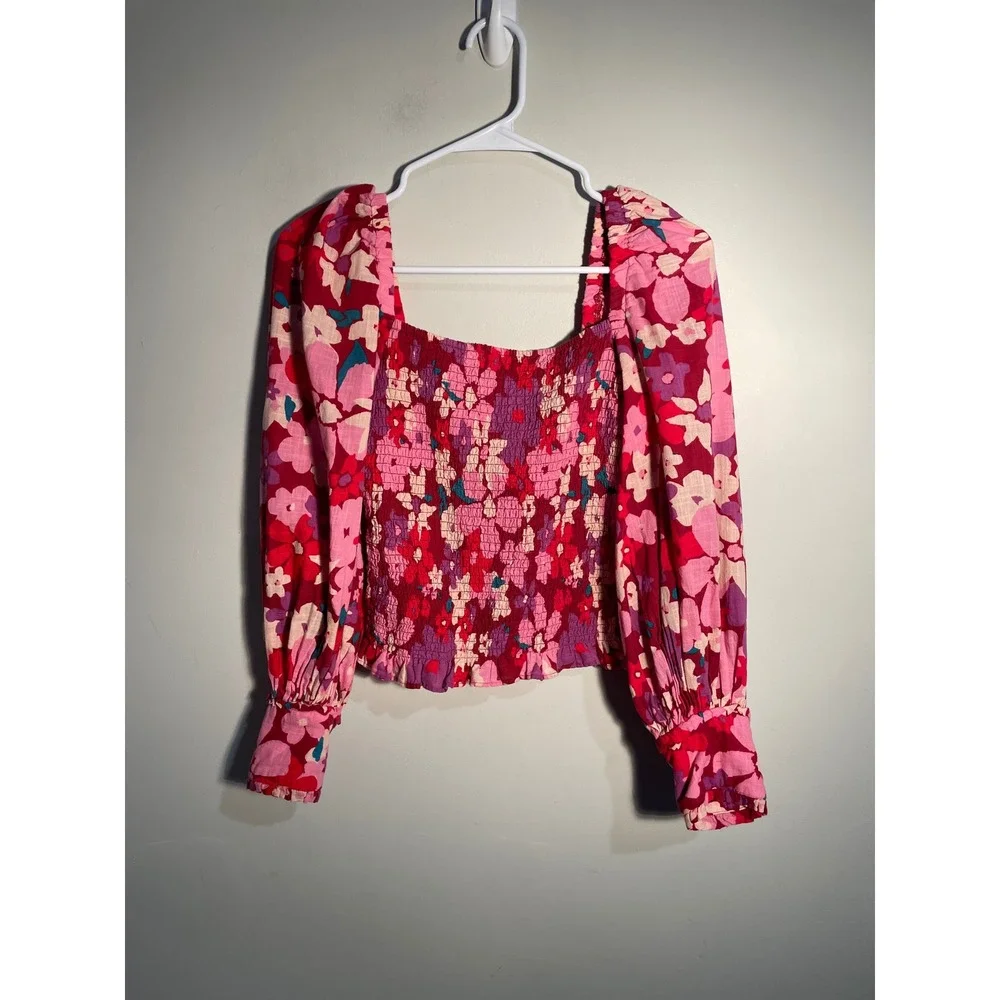 Free People Ariana‎ Printed Top Pink Size XS Feminine Floral Puff Sleeve Smocked